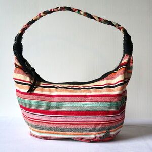 ROXY Girl Multi Color Shoulder Bag Purse Striped Cotton Fabric Braided Handle